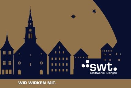 SWT Logo und Grafik mit Stadtsilhouette vor braunem Hintergrund