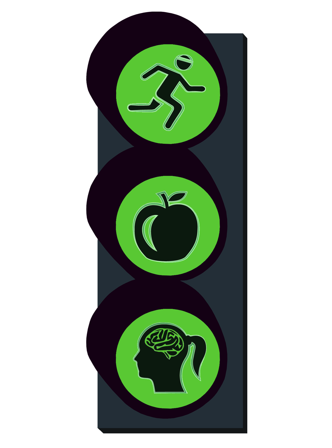 Grafische Darstellung einer Ampel mit Symbolen, von oben: Läufer, Apfel Gehirn