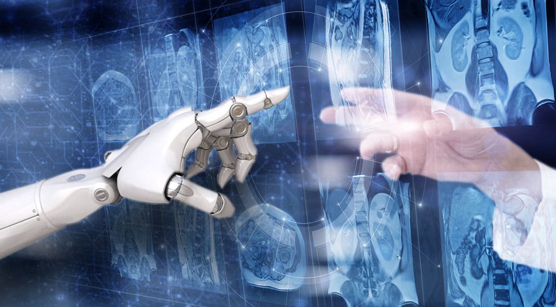 Schmuckbild: Roboterhand zeigt auf Menschenhand vor futuristischen Hintergrund