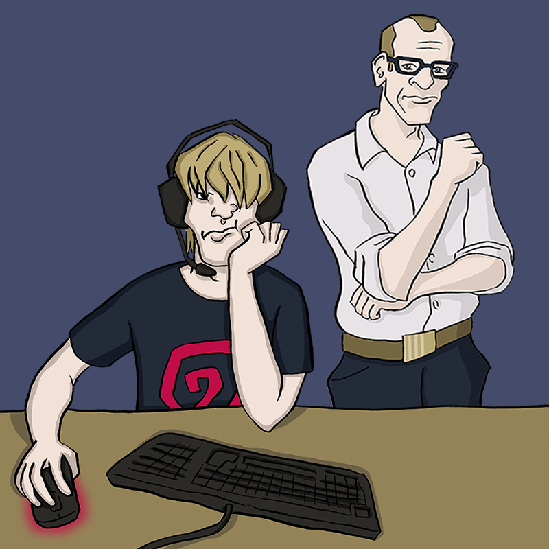 Schmuckbild: Grafik Sohn mit Kopfhörern beim Computerspiel im Hintergrund Vater skeptisch