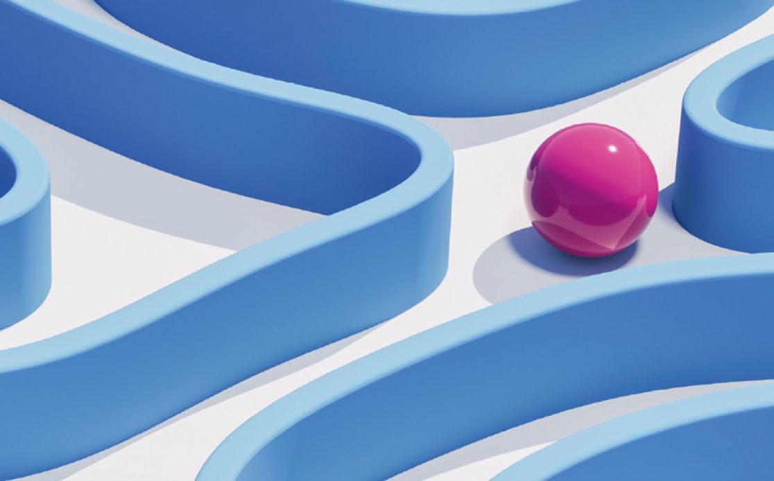 Titelseite Magazin: Blaues Labyrinth mit pinkfarbener Kugel