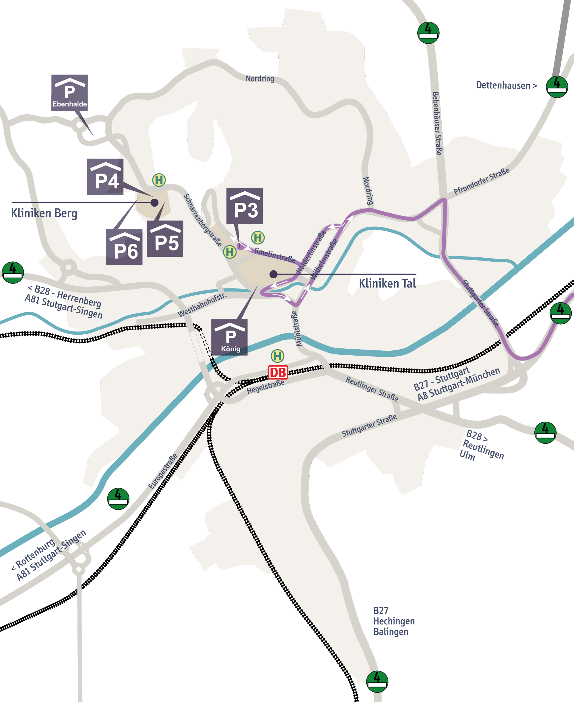 Stadtplan von Tübingen mit Zufahrtsroute über A8