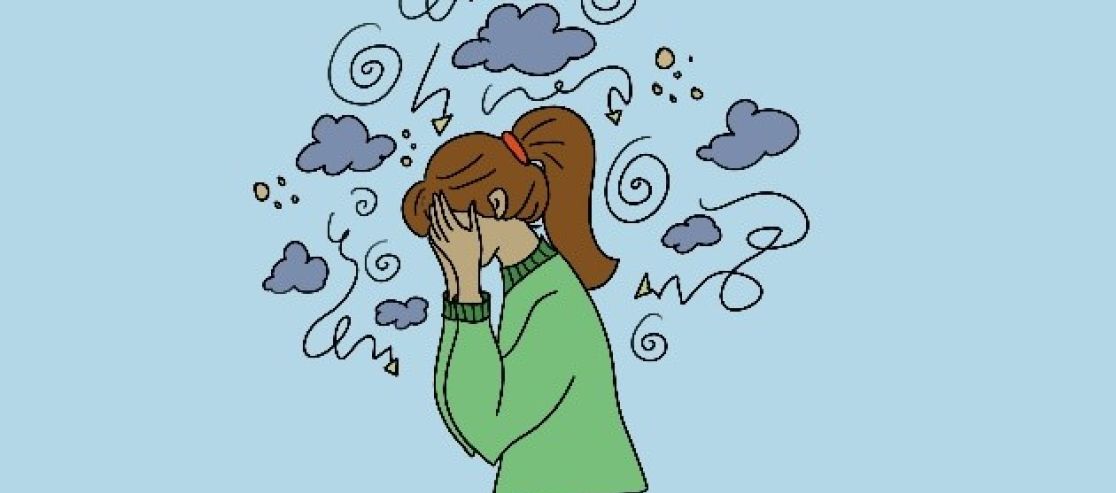 Drawing Woman holds her hands in front of her head