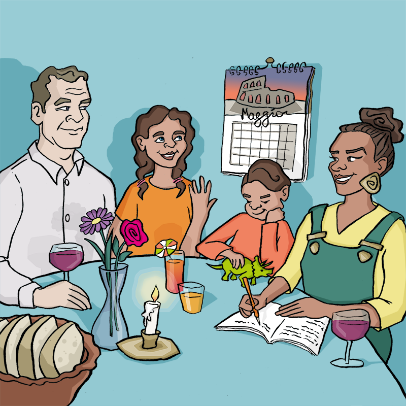 Schmuckbild: Grafik Familenbesprechung beim Abendessen