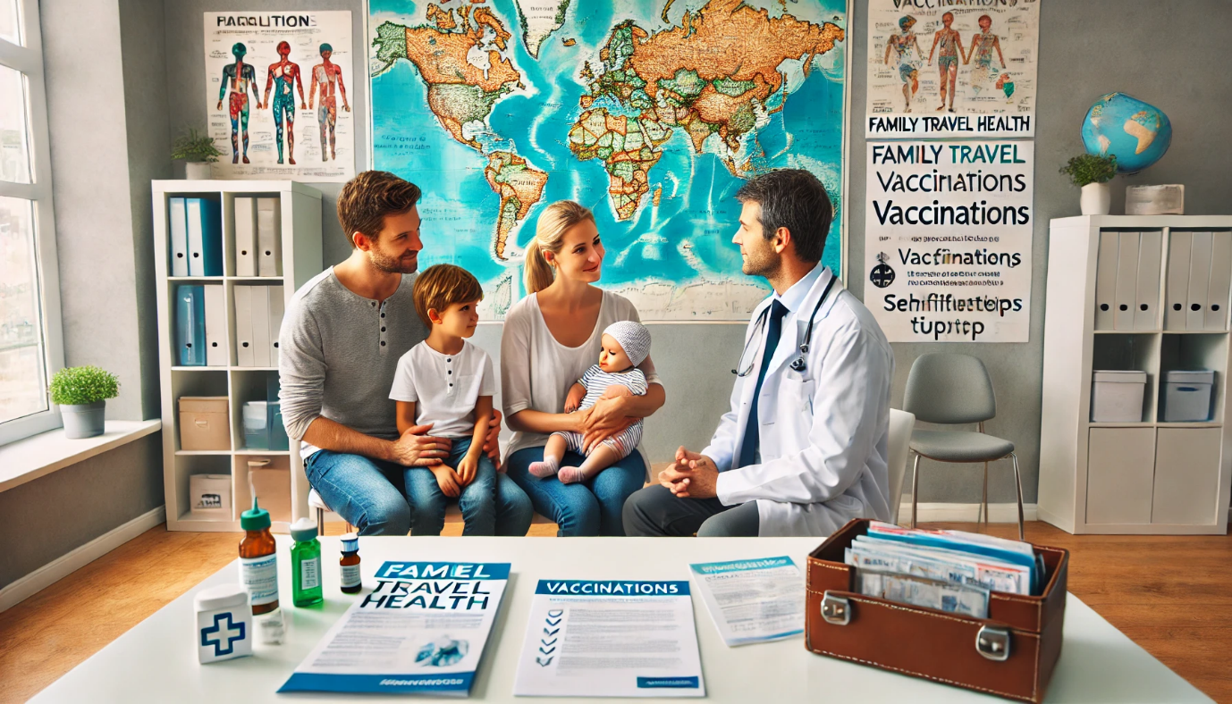 KI generiertes Bild einer Familie mit Kleinkind und Säugling vor einer Weltkarte, die sich vom einem Arzt beraten lässt.