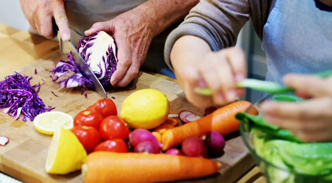 Fruit and vegetables are cut