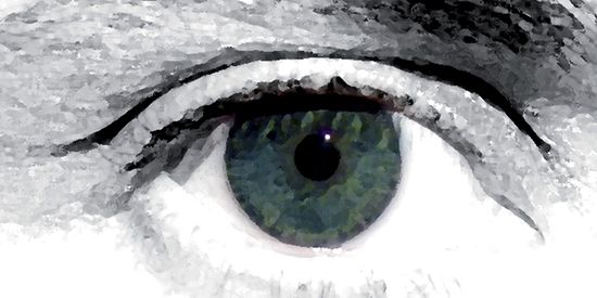 Black and white drawing of an eye