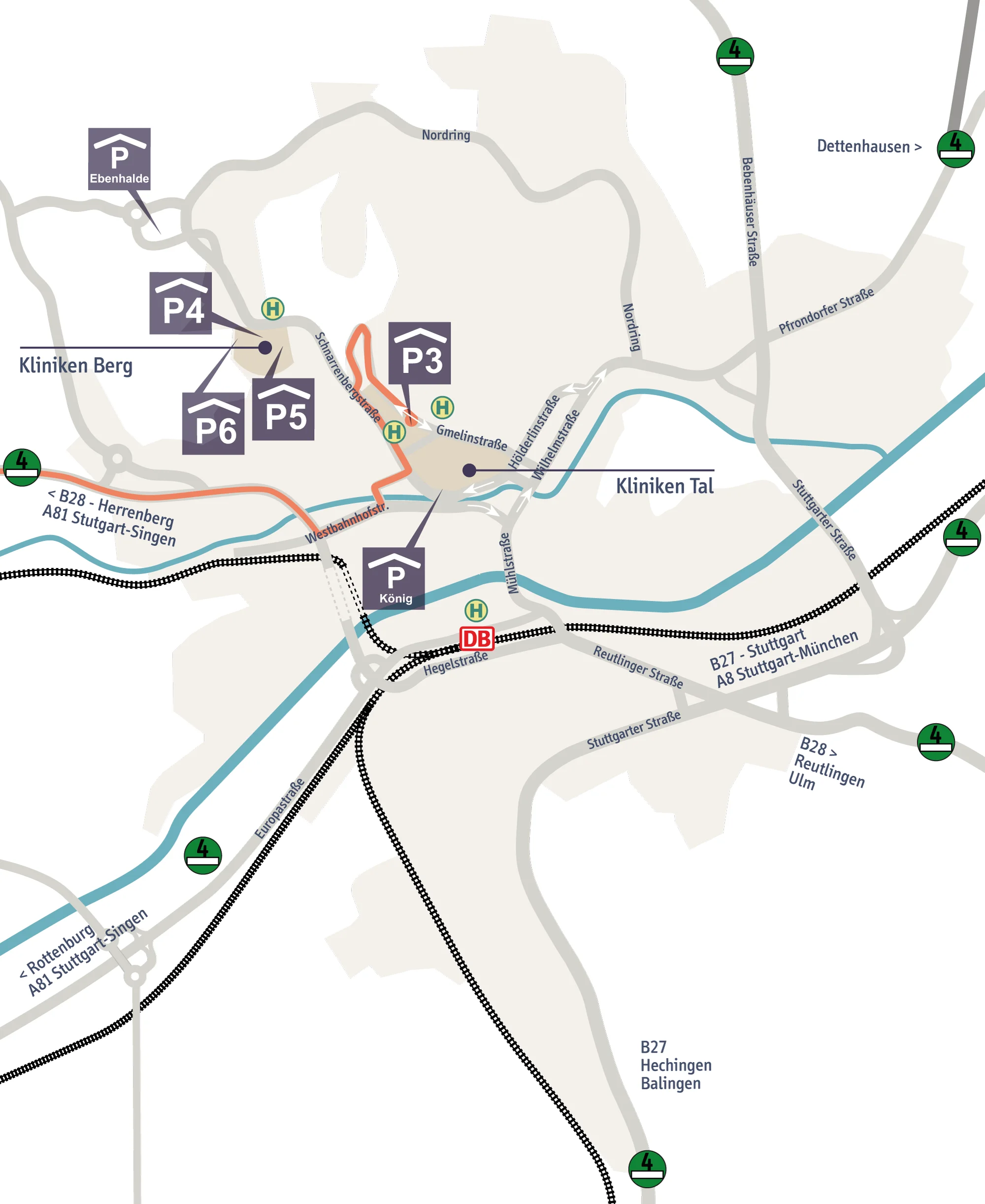 Stadtplan von Tübingen mit Zufahrtsroute über A81 Ausfahrt Herrenberg