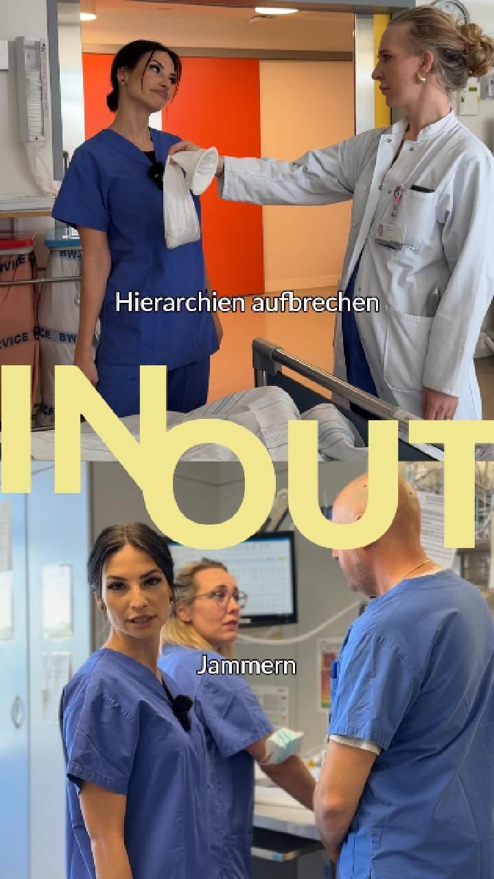 Splitscreen: oben eine Szene, in der die Ärztin der Pflegekraft einen Urin-Beutel zurückgibt; unten dreht sich Lisa in die Kamera und zwei Pflegekräfte dahinter sind im Gespräch