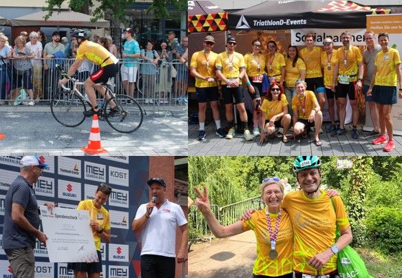 Collage aus vier Bildern: Links oben ein Radfahrer des Teams CCC, oben rechts ein Teamfoto, links unten die Spendenübergabe, rechts unten grüßen ein Mann und eine Frau aus dem Team lücklich in die Kamera