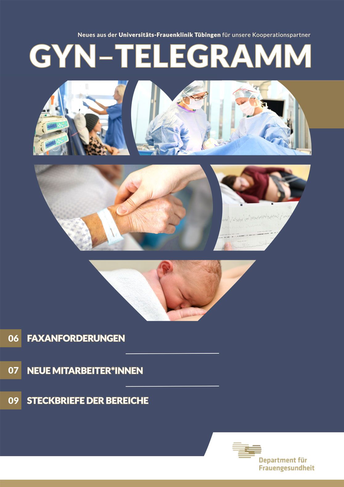Cover Ausgabe Gyn-Telegramm: PULS-Herz mit Ausschnitten aus dem mediznischen Alltag