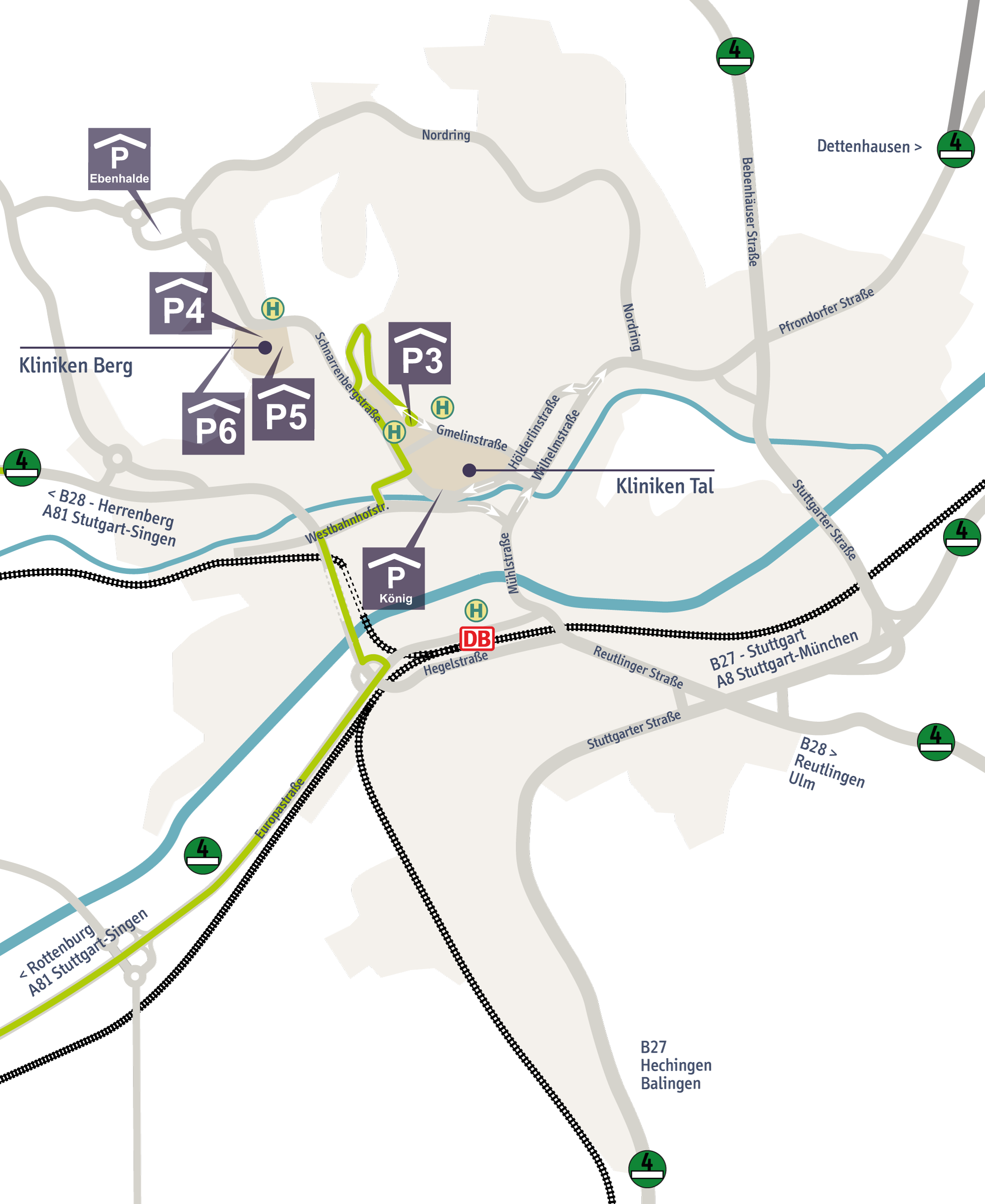 Stadtplan von Tübingen mit Zufahrtsroute über A81 Ausfahrt Rottenburg