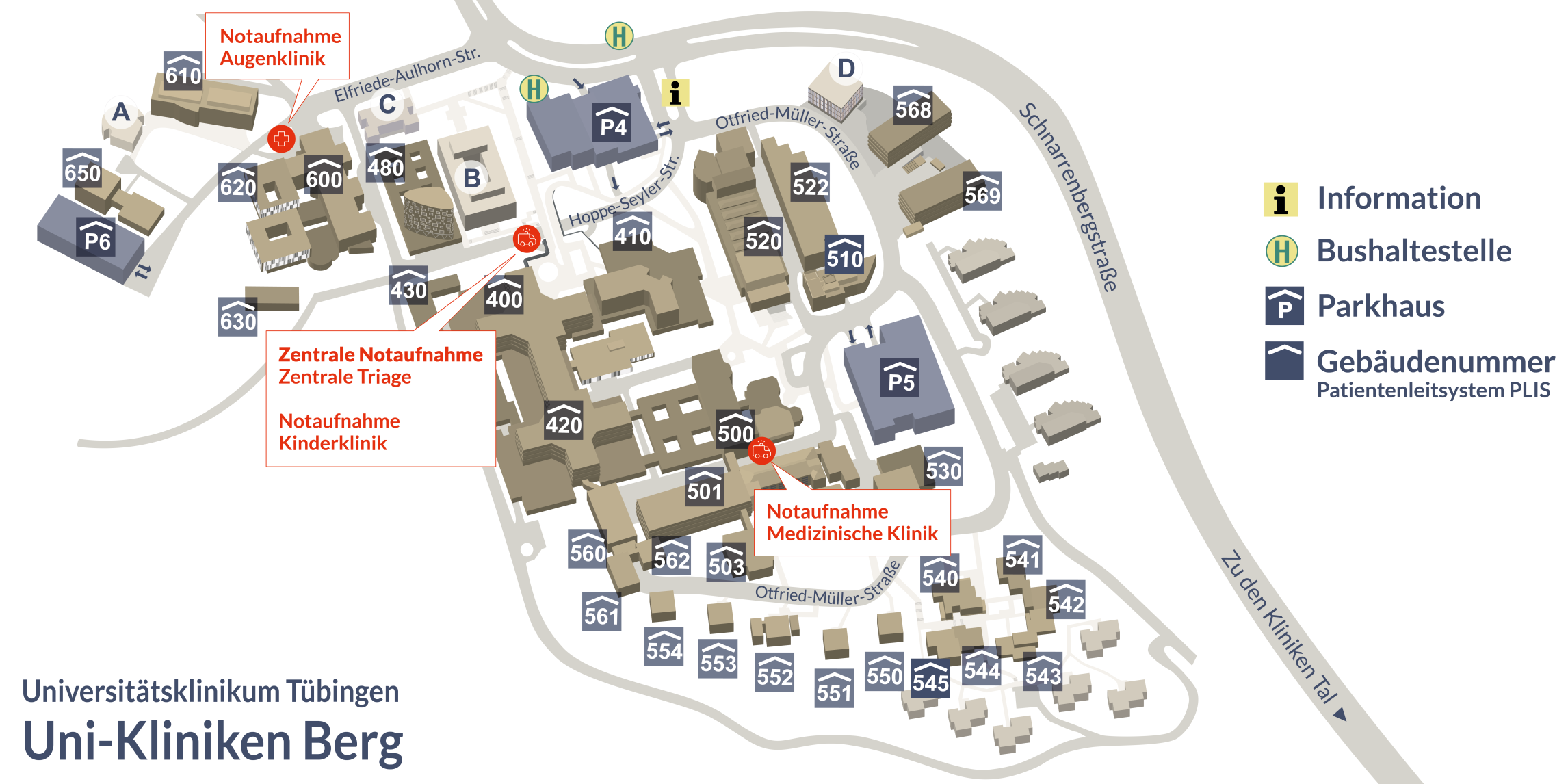 Lageplan der Kliniken Berg mit eingezeichneten Notaufnahmen