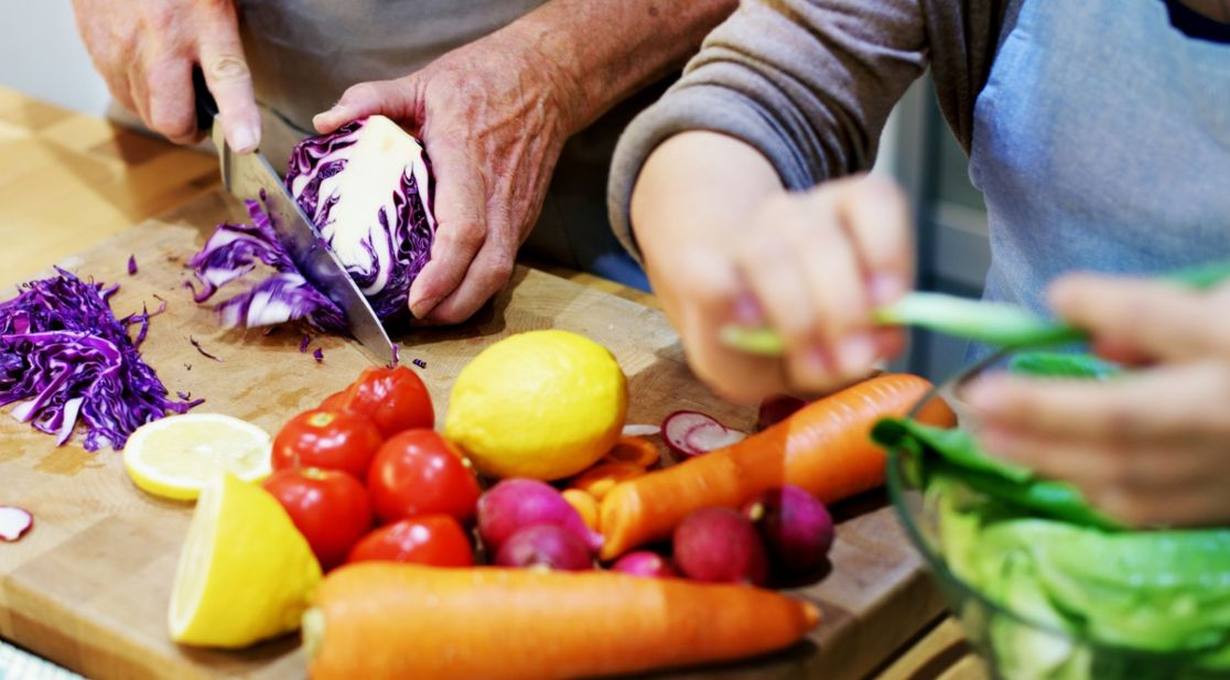 Fruit and vegetables are cut