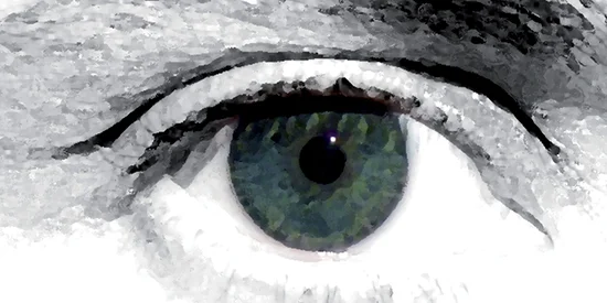 Black and white drawing of an eye