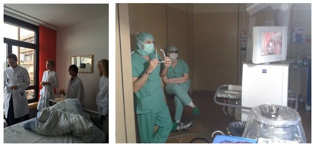 Visite mit Famulanten (links); OP-Übertragung in 3D für interessierte Famulanten (rechts)