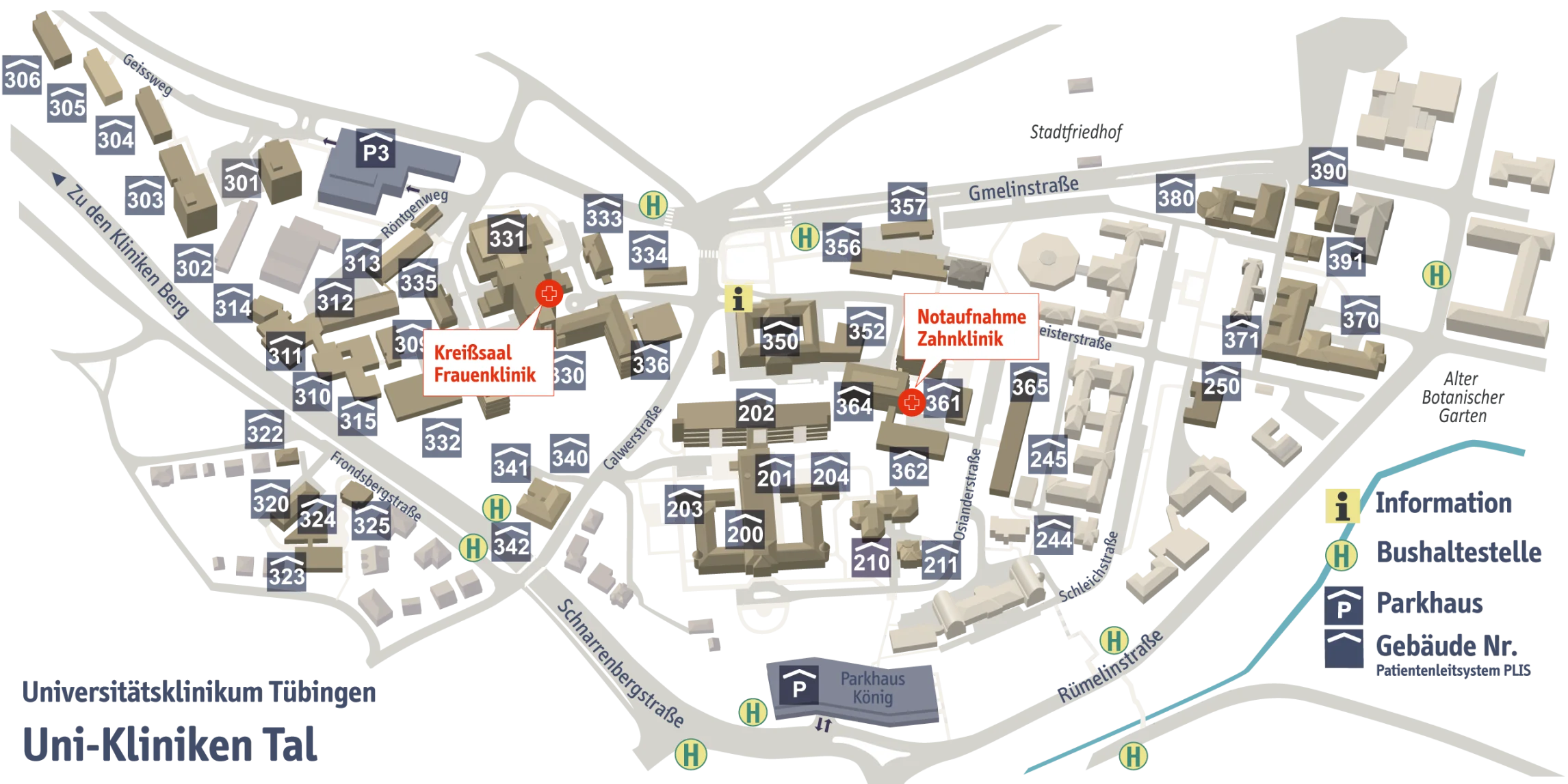 Lageplan der Kliniken Tal mit eingezeichneten Notaufnahmen