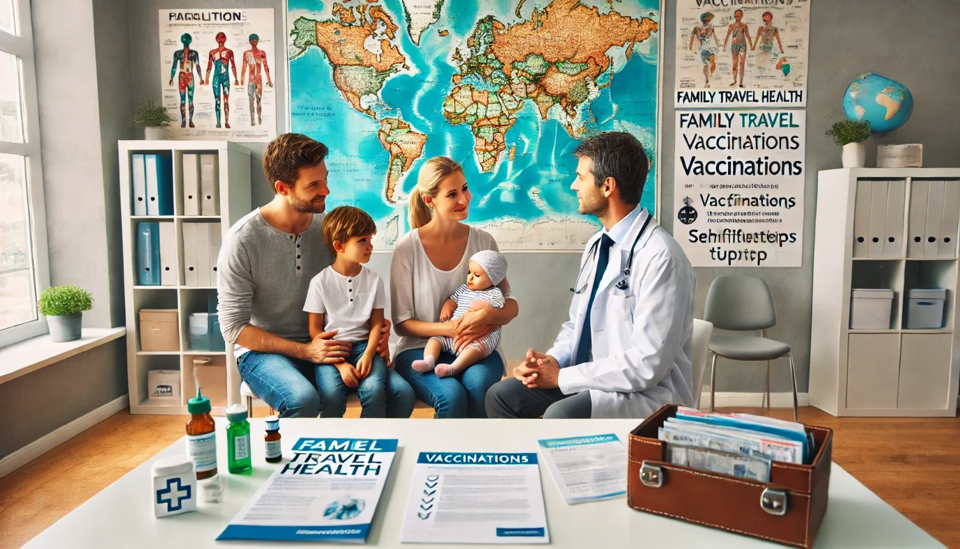 KI generiertes Bild einer Familie mit Kleinkind und Säugling vor einer Weltkarte, die sich vom einem Arzt beraten lässt.
