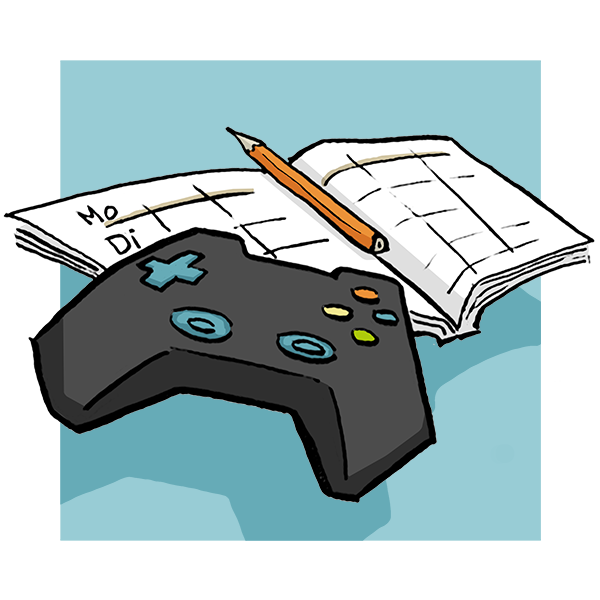 Schmuckbild: Grafik Spielkonsole und Tagebuch