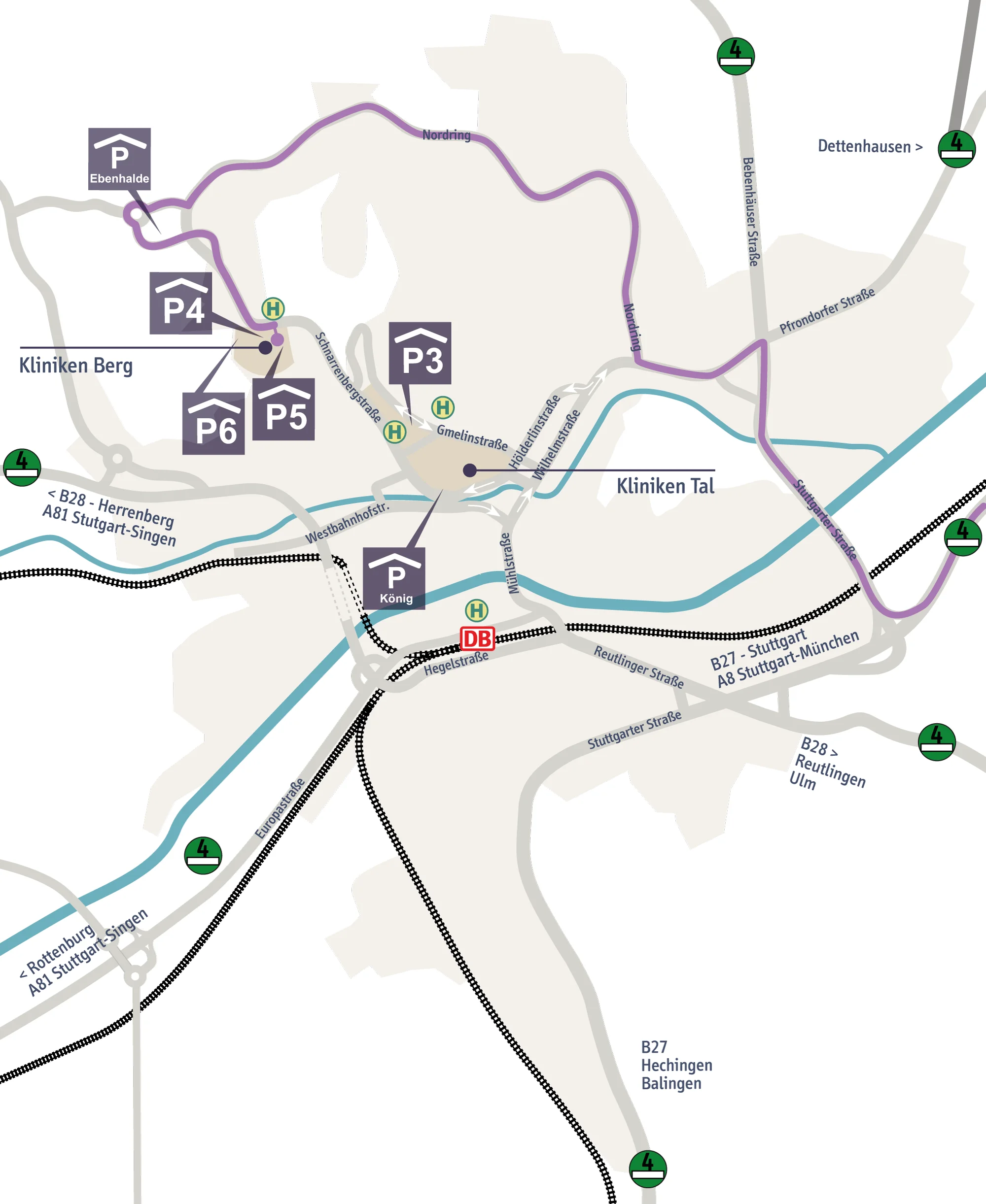 Stadtplan mit Anfahrtsroute über die A 8