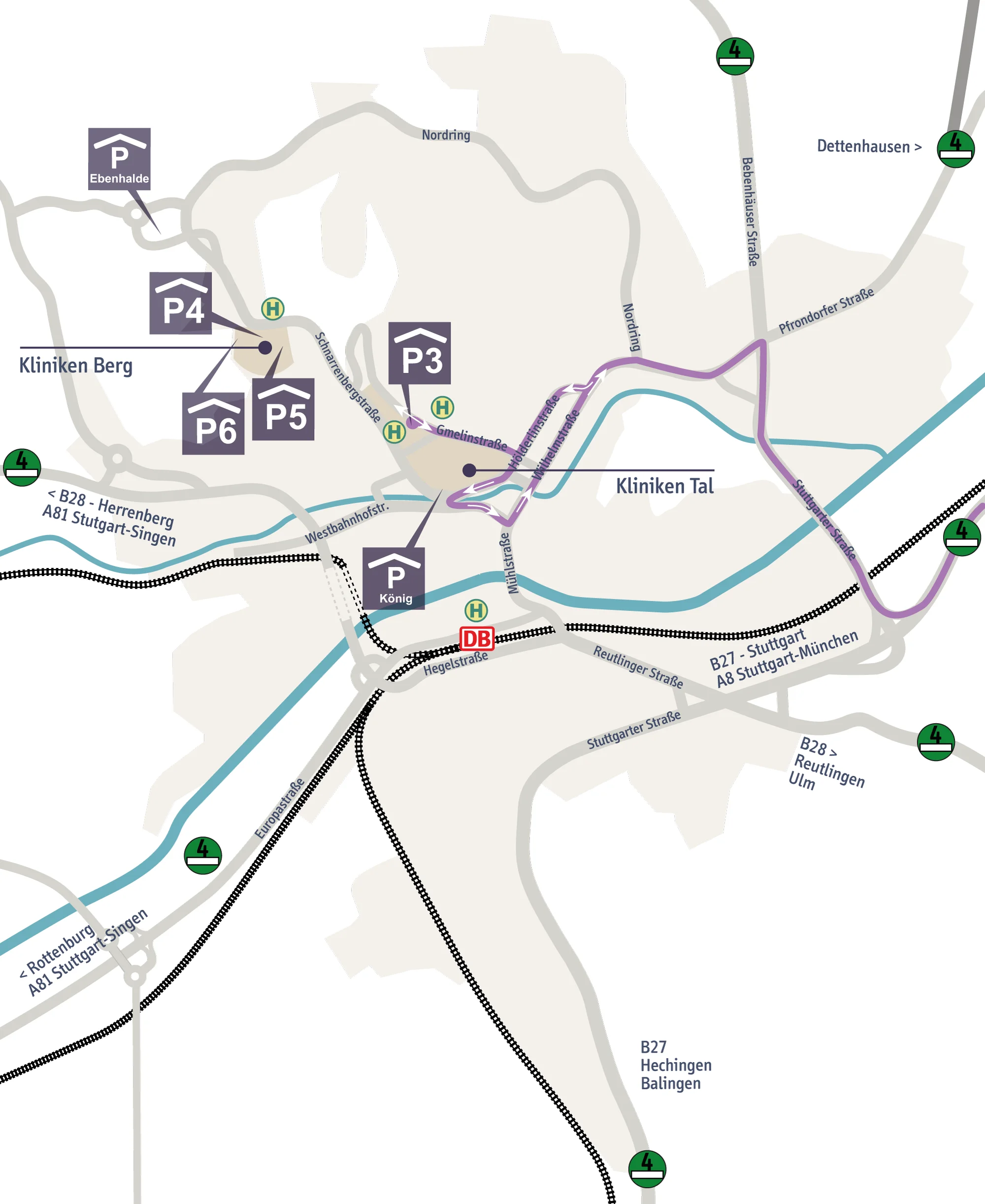 Stadtplan von Tübingen mit Zufahrtsroute über A8