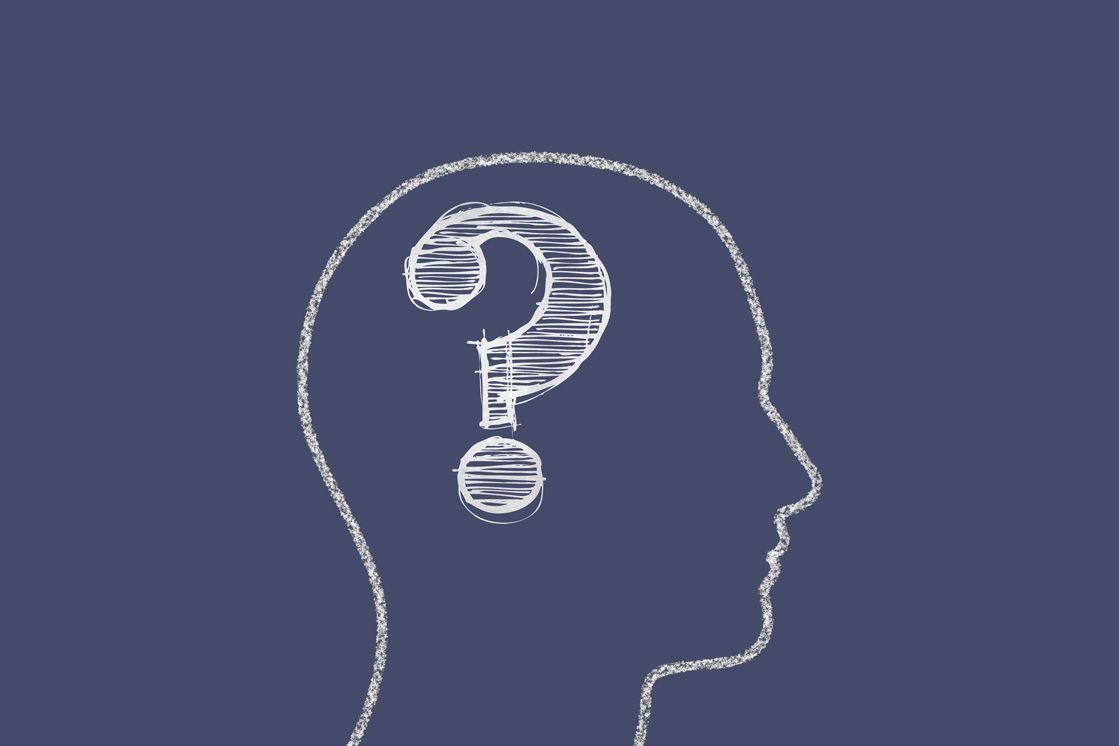 Schmuckbild Kopf mit Fragezeichen als Strichzeichnung auf blauem Hintergrund