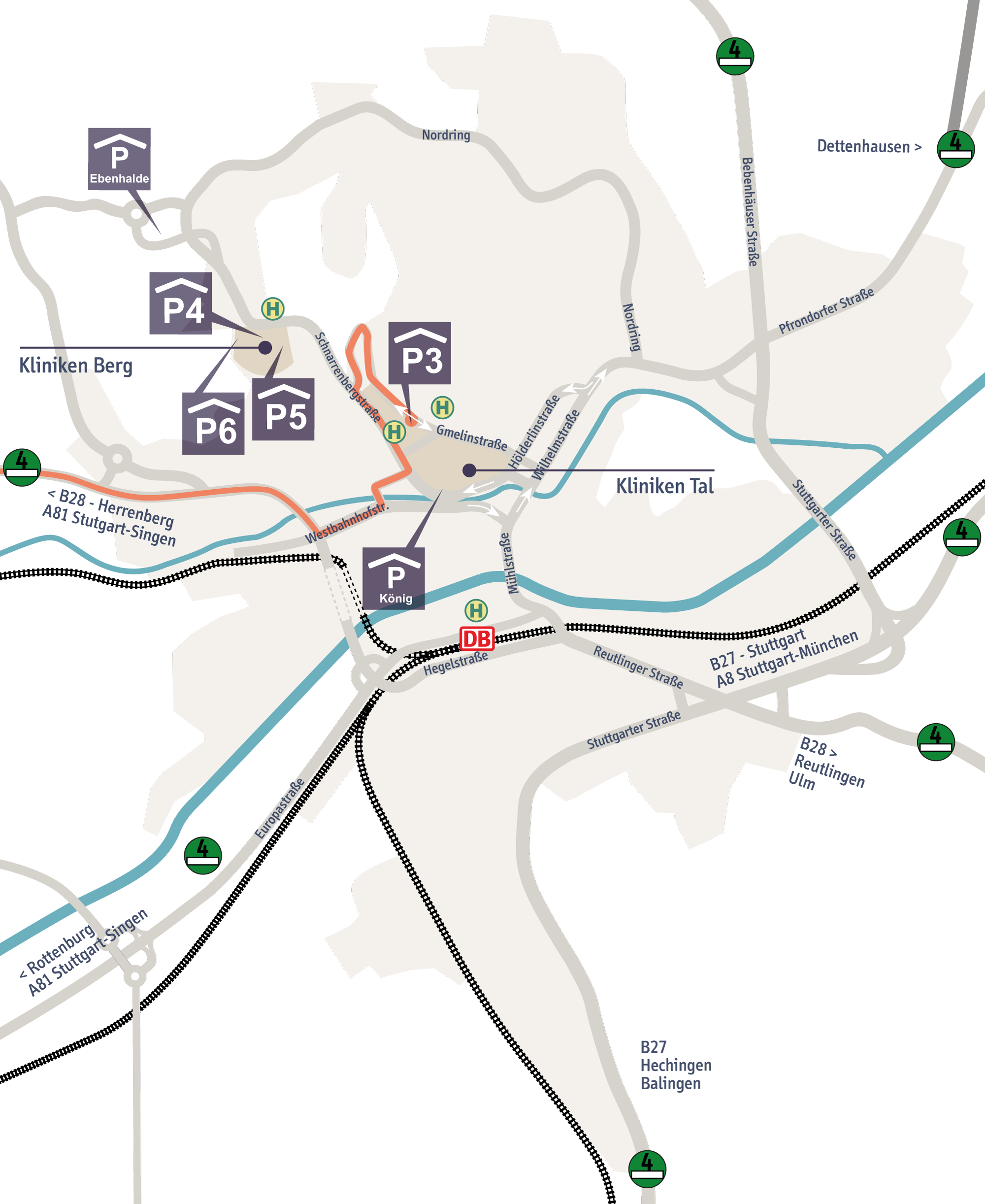 Stadtplan von Tübingen mit Zufahrtsroute über A81 Ausfahrt Herrenberg