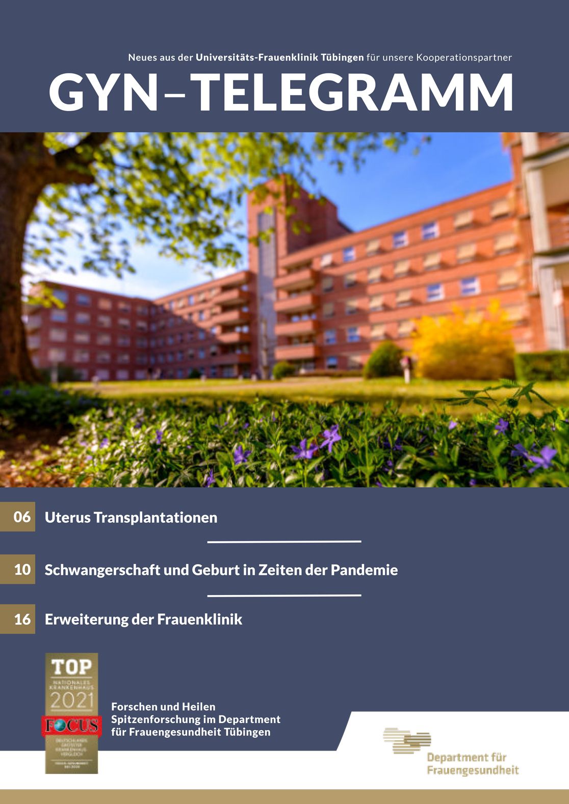 Cover Ausgabe Gyn-Telegramm: Abbildung der Frauenklinik mit Patientengarten