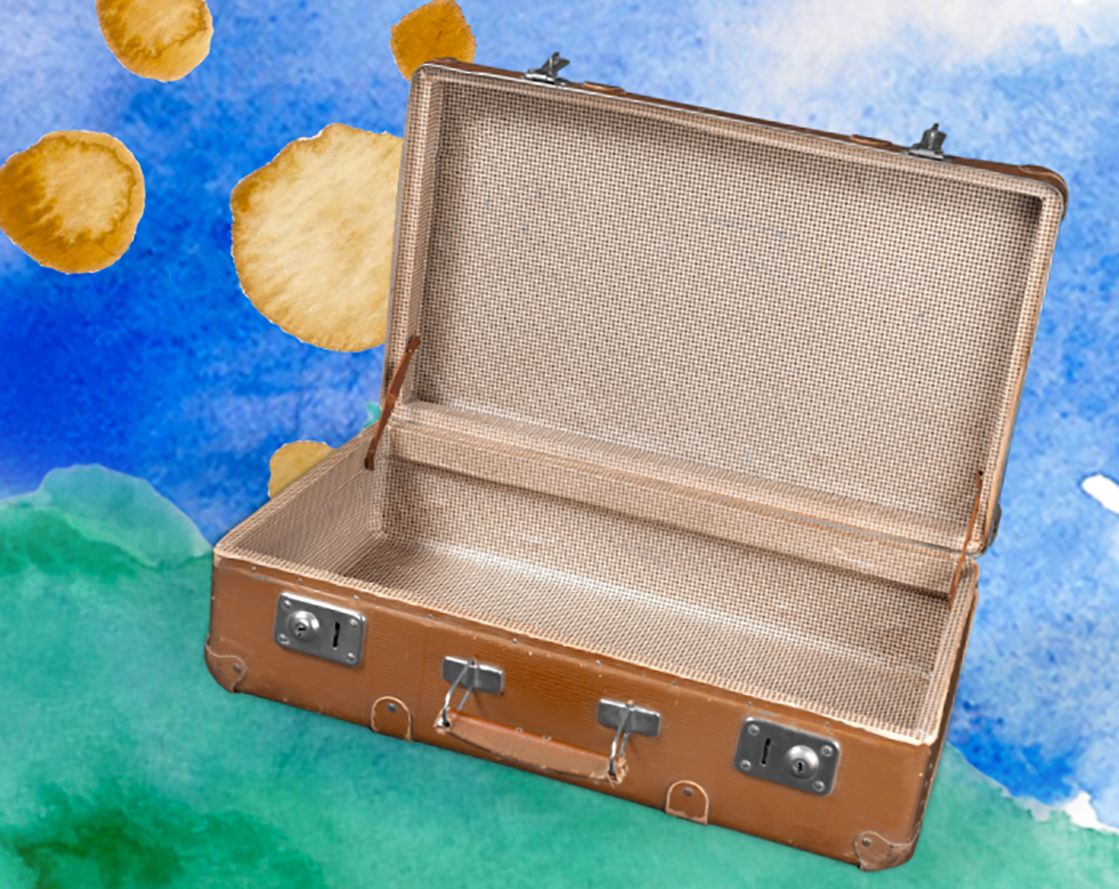 Aquarellcollage mit blau-grünem Hintergrund im Vordergrund ein Foto von einem geöffneten Koffer