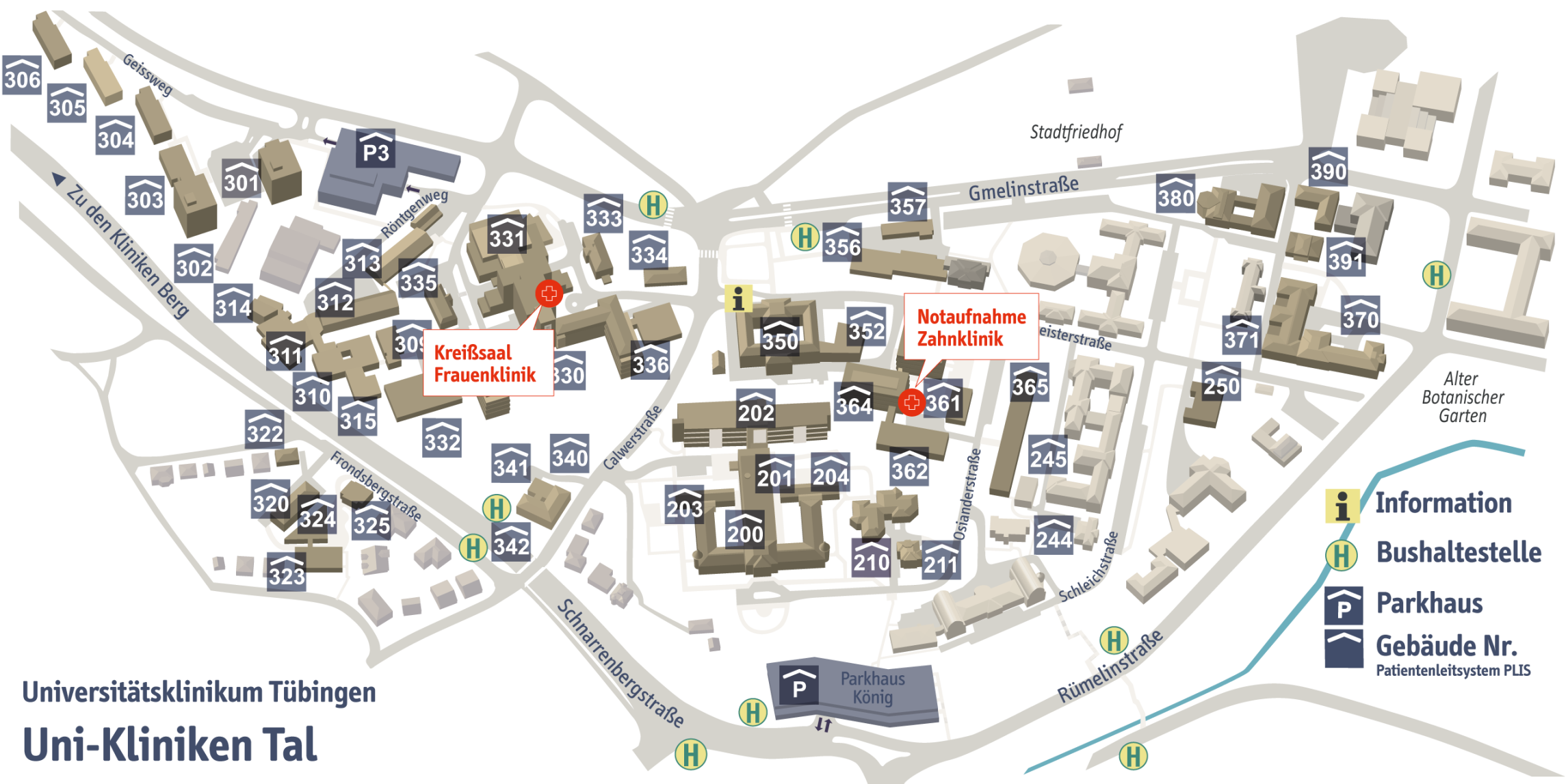 Lageplan der Kliniken Tal mit eingezeichneten Notaufnahmen