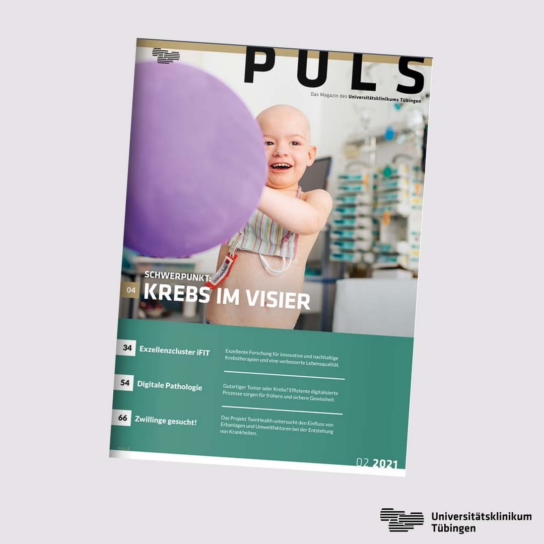 PULS Cover: Krebs im Visier; kleines Mädchen hält einen lila Luftballon