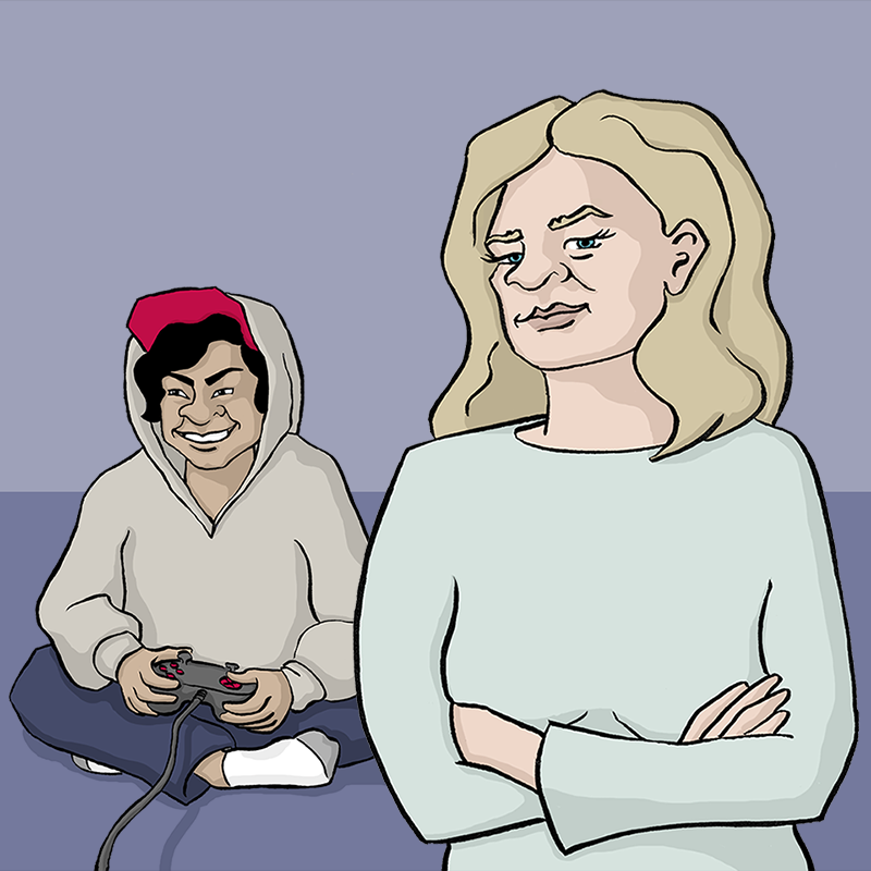 Schmuckbild: Grafik Mutter skeptisch im Vordergrund im Hintergrund Sohn beim Computerspiel