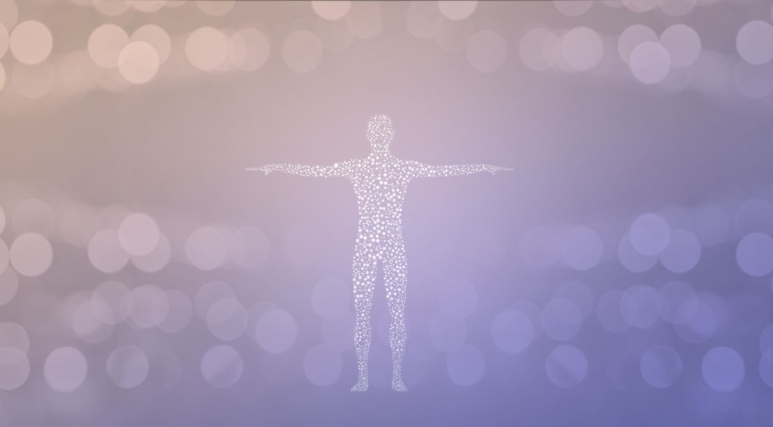 Schmuckbild: daVinci-Mensch vor violettem Hintergrund mit unscharfen hellen Punkten
