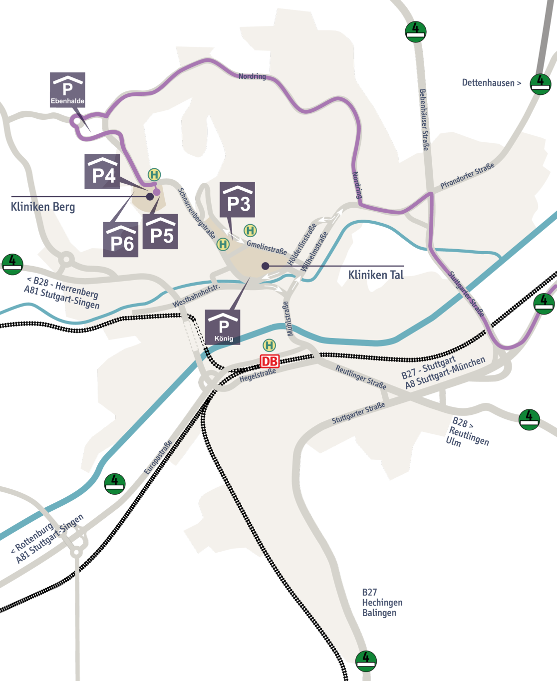 Stadtplan mit Anfahrtsroute über die A 8 Ausfahrt