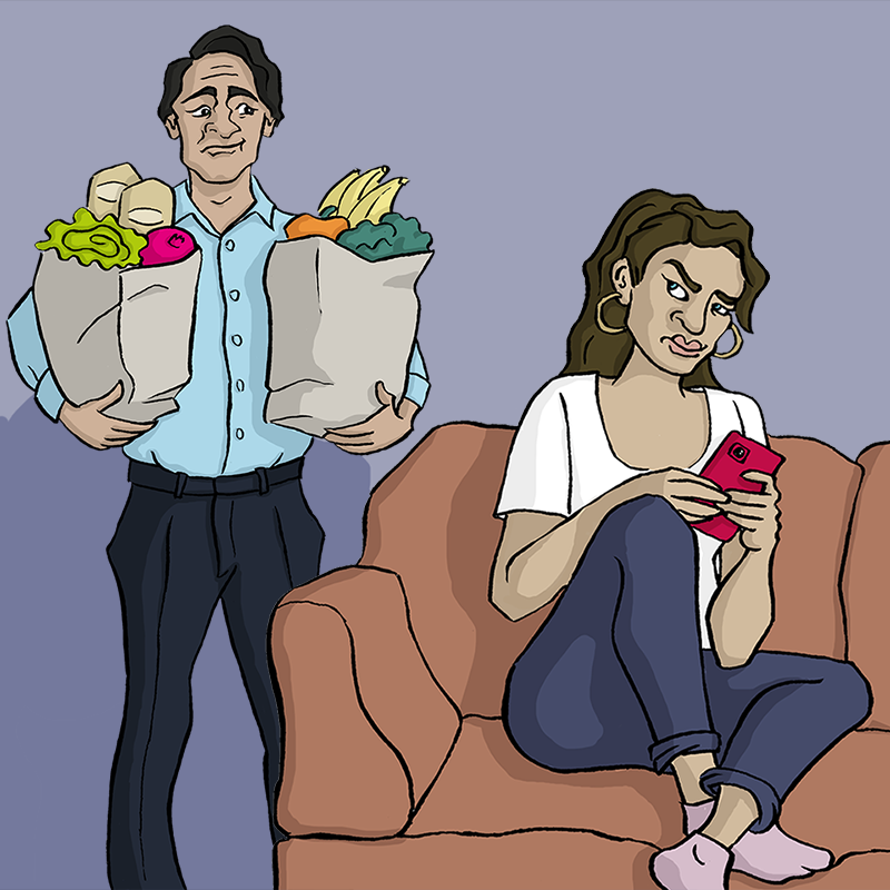 Schmuckbild: Grafik Vater mit Einkaugstüten und Tochter mit Smartphone auf dem Sofa