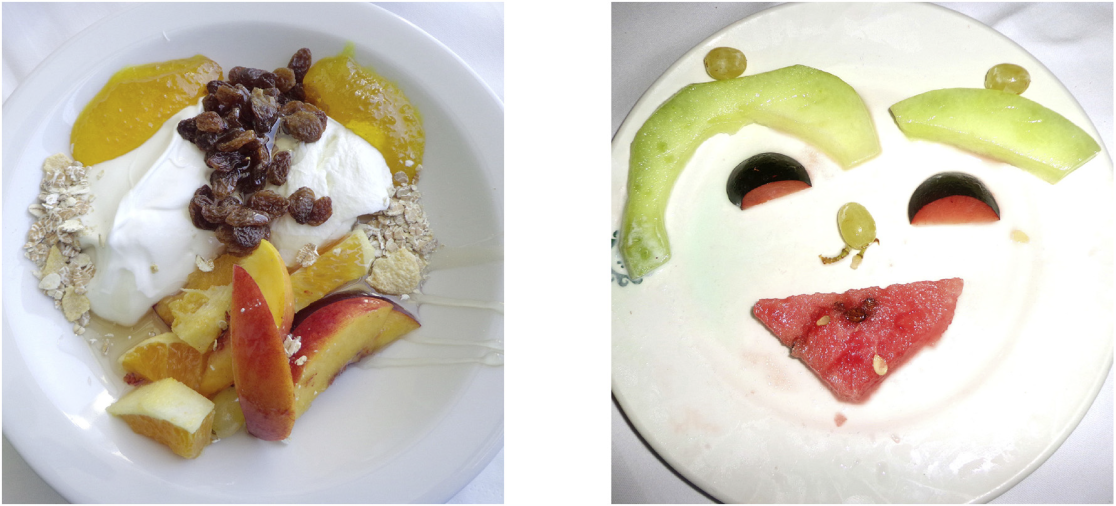 Obst auf Teller, links und Obst auf Teller zu Gesicht angeordnet, rechts.