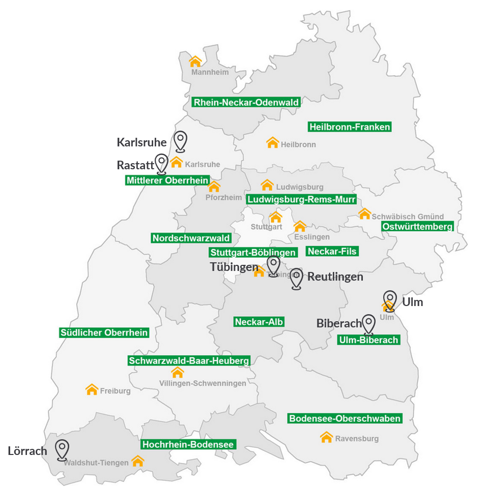 Abbildung der Standorte: BD 1-Neckar-Alb (GZ Tübingen / Reutlingen), BD 2 Ulm-Biberach (GZ Ulm/Biberach), BD 3 Mittlerer Oberrhein (GZ Karlsruhe / Rastatt), BD 4 Hochrhrein-Bodensee  (GZ  Lörrach)