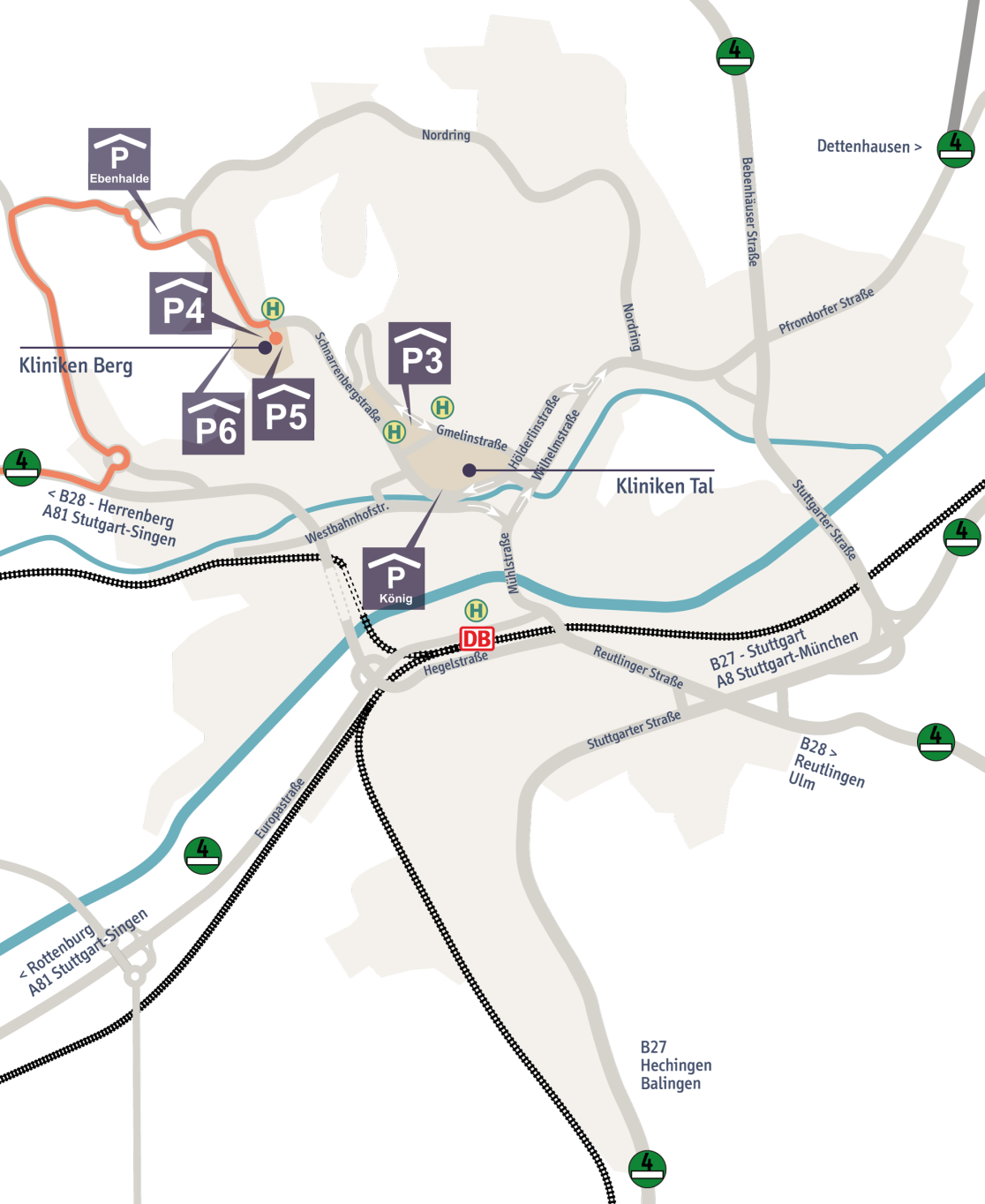 Stadtplan mit Anfahrtsroute über die A 81 Ausfahrt Herrenberg