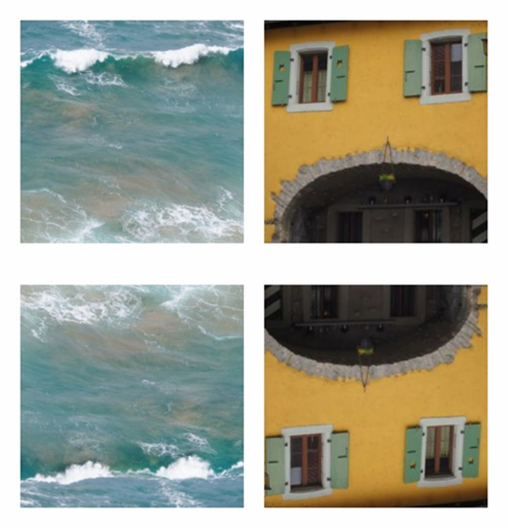 Wissenschaftliche Abbildung: Fotografie Meereswellen (links oben) und gelbes Haus (rechts oben) in Zeile darunter beide Bilder spiegelverkehrt