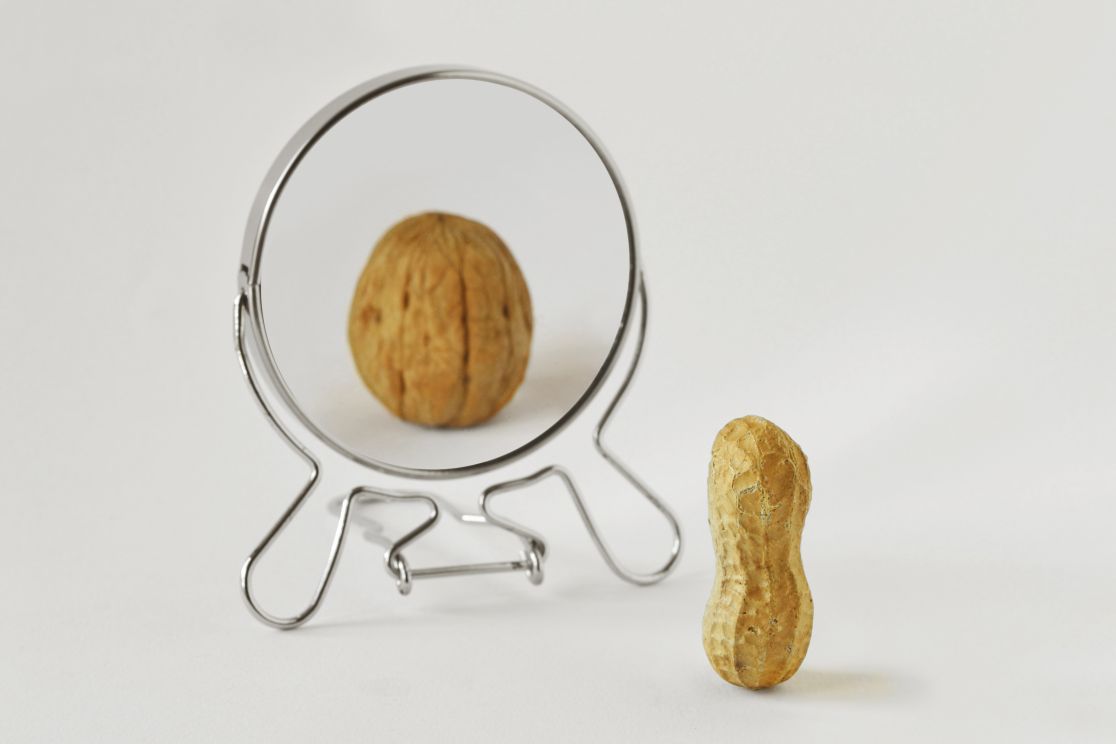 Schmuckbild: Erdnuss wird im Spiegel zur Walnuss