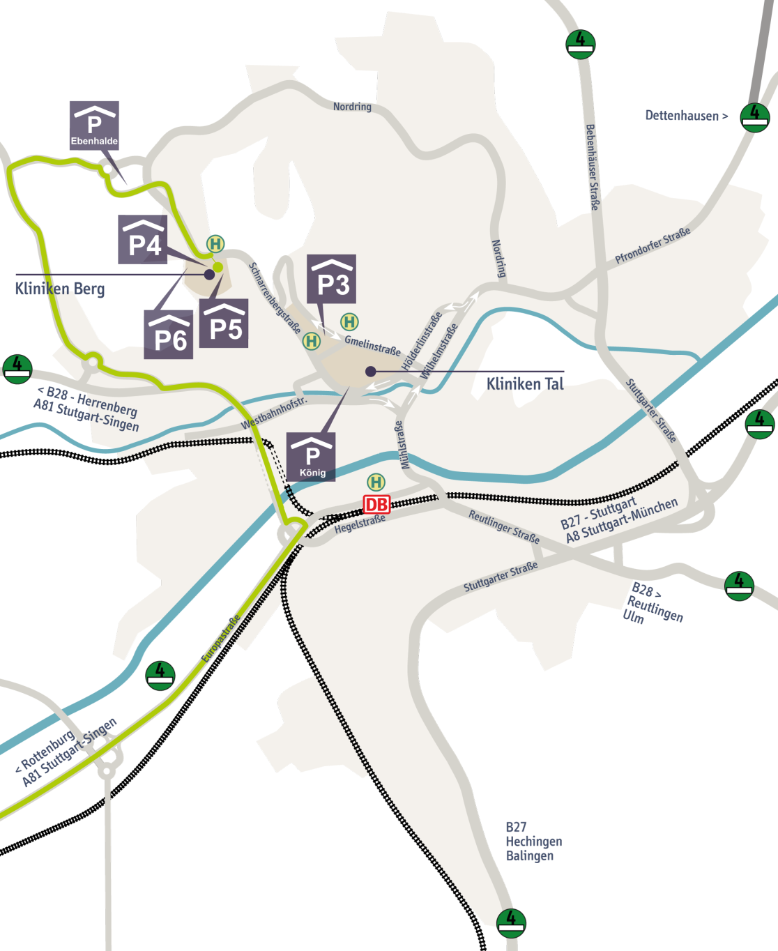 Stadtplan mit Anfahrtsroute über die A 81 Ausfahrt Rottenburg