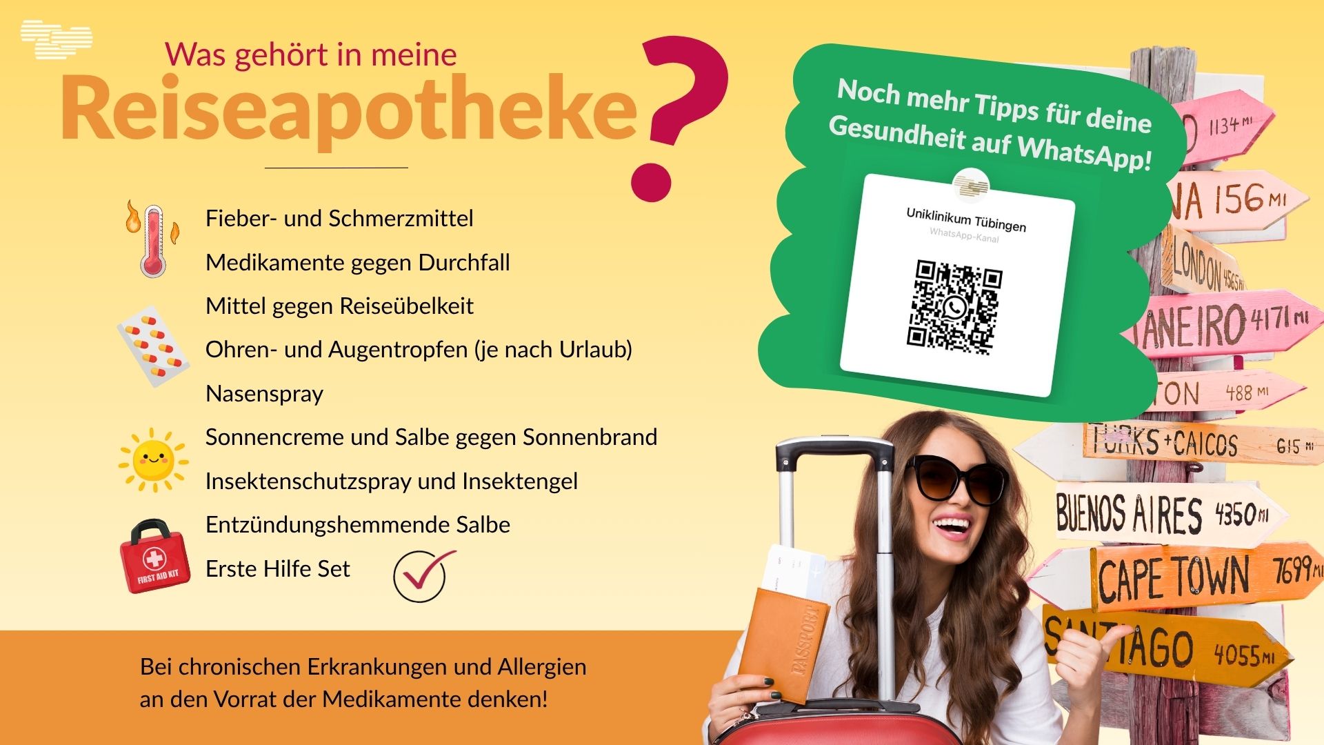 Grafik, die die wichtigsten Bestandteile der Reiseapotheke zusammenfasst. Dazu ein QR-Code, der auf den WhatsApp-Kanal des Universitätsklinikum Tübingen verweist.